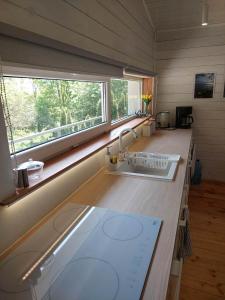 una cucina con lavandino e una grande finestra di Dom Granero w Lesie pod Ślężą 