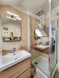 W łazience znajduje się umywalka i prysznic. w obiekcie Akela - Appartement à 12mn de Disneyland Paris ! w mieście Bussy-Saint-Georges