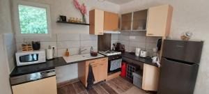 a small kitchen with a refrigerator and a microwave at Appartement 4 à 6 places in Osmanville