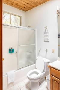 a white bathroom with a shower and a toilet at Pahoehoe- Hale Kumu La'au at Volcano in Volcano