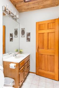 a bathroom with a sink and a wooden door at Pahoehoe- Hale Kumu La'au at Volcano in Volcano