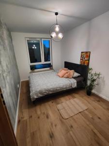 a bedroom with a bed and a window at Apartament Leśna Mandala in Augustów