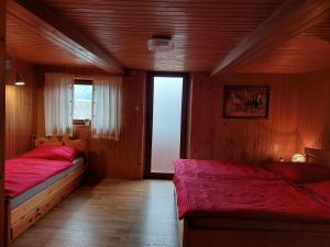 1 Schlafzimmer mit 2 Betten und einem Fenster in der Unterkunft Počitniška hiška Kašta in Luče