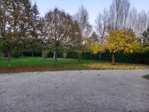 un estacionamiento en un parque con árboles y hojas en La Grelauderie 3 en Saintes