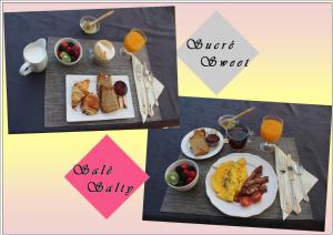 uma colagem de fotografias de alimentos para o pequeno-almoço e sumo de laranja em Péniche Mirage em Carcassonne
