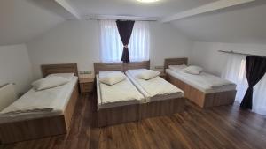 drie bedden in een kamer met houten vloeren en ramen bij Pensiunea Anisoara in Chişcău