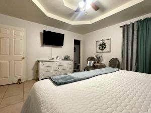 米申Rest, Relax & enjoy the entire cozy vacational home!的一间卧室，墙上有一张床和一台电视