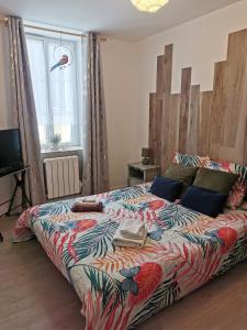 sypialnia z dużym łóżkiem z kolorową narzutą w obiekcie Les Gîtes de l'Hermine Athée w mieście Athée