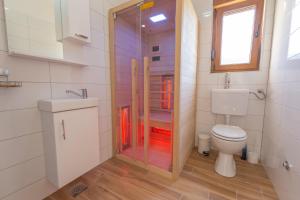 a bathroom with a toilet and a glass shower at Kuća za odmor Trota in Otočac