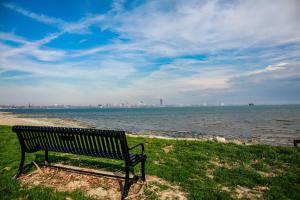 a bench sitting on the grass near the water at Lake view cottage with three ensuites and elevator in Fort Erie