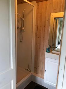 a bathroom with a shower and a sink and a tub at Quirky cosy rural hideaway in Swindon