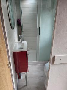 uma casa de banho com um lavatório vermelho e um chuveiro em Mobilhomes vintage dans ecolieux en cours camping a la ferme em Ponteilla