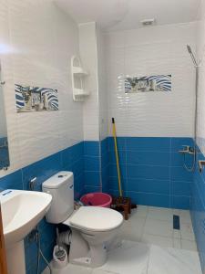 La salle de bains est pourvue de toilettes et d'un lavabo. dans l'établissement Riad Sofia Martil, à Martil