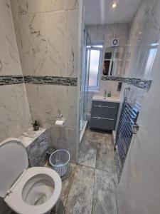 a bathroom with a toilet and a sink at Luxury House, 4 bedrooms fully furnished in North Woolwich