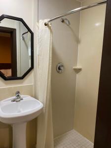 a bathroom with a sink and a shower with a mirror at Budget Inn in Salisbury
