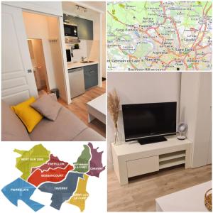 a collage of photos of a living room with a television and a living room at Appartement au coeur de la ville de Taverny in Taverny +2 photos