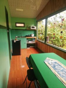 uma cozinha com uma mesa verde e duas janelas em Cabañas San Gerardo em San Gerardo de Dota