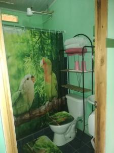 two birds in a shower curtain in a bathroom at Cabañas San Gerardo in San Gerardo de Dota