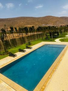ein großer blauer Pool mit zwei Stühlen im Hof in der Unterkunft Villa dream oujda in Oujda