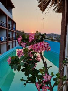 希伯萊特沙灘的住宿－Namasté Zipolite Suites，从带粉红色花卉的度假村阳台欣赏到风景