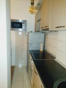 uma cozinha com uma bancada preta e uma geladeira em Family Apartment em Kumanovo mais 3 fotografias
