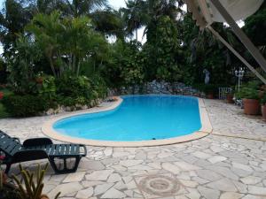 a large swimming pool with a bench in a yard at Kote mer Villa Bayside in Sainte-Anne