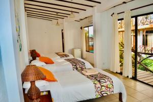 two beds in a room with two windows at Hotel Miconia in Puerto Baquerizo Moreno