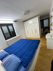 a bedroom with a large bed with blue sheets at Villa Magnifica in Strumica