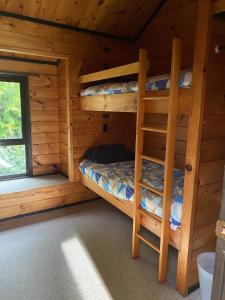 um quarto com 2 beliches num chalé de madeira em Dakune Chill - The Lodge em Ohakune