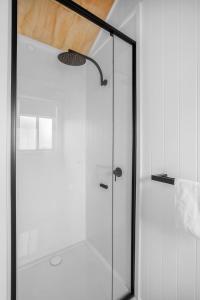 a bathroom with a shower with a glass door at Reflections Scotts Head - Holiday Park in Scotts Head