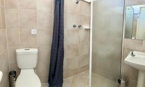 a bathroom with a shower and a toilet and a sink at Flinders Ranges Motel - The Mill in Quorn