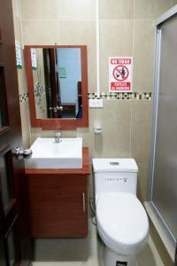 bagno con servizi igienici, lavandino e specchio di Hostal Valle Andino a El Tambo