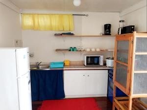 una pequeña cocina con fregadero y microondas en MOOREA - Fare Nihei en Maharepa