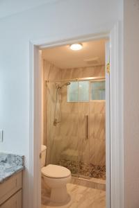 a bathroom with a toilet and a glass shower at South Maui 1 BR Guest Suite - Kamaole Beach Area in Wailea