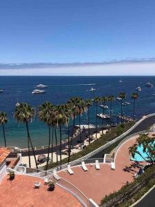 a view of a beach with palm trees and boats at Hamilton Cove Panoramic Ocean View Condo #2/32 in Avalon