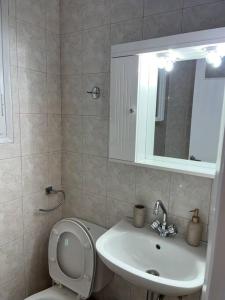een badkamer met een toilet, een wastafel en een spiegel bij Όμορφο διαμέρισμα στην Ναυπακτο in Nafpaktos