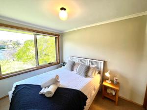 a bedroom with a bed with a large window at The Hazards Beach Escape in Coles Bay