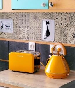 einen gelben Toaster und einen Wasserkocher auf der Theke in der Unterkunft La Note Verte Pause en ville in Foix
