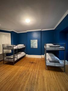 49 Hostel في تورونتو: غرفة بسريرين بطابقين وجدار ازرق