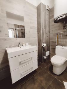 a bathroom with a white sink and a toilet at Ubytování Goliáš in Krásná Lípa