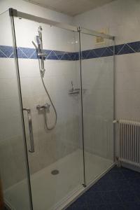 um chuveiro com uma porta de vidro na casa de banho em Pension-Ferienwohnung Rotar em Faak am See
