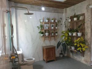 外南夢的住宿－Pondok isoke bunggalow，一间带卫生间和许多植物的浴室