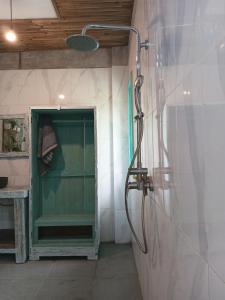 a bathroom with a shower with a green door at Pondok isoke bunggalow in Banyuwangi