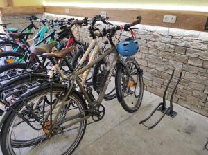 a group of bikes parked next to a brick wall at Peterseil's Radl Zimmer in Mauthausen