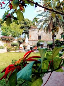 un cortile con un edificio e un giardino fiorito di Villa Chelia a Patti