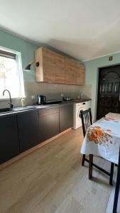 a kitchen with a table and a sink and a counter at Apartament U Waldka in Mechelinki