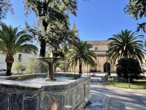 een fontein in een park met palmbomen en een gebouw bij El Umbral de Muñices in Córdoba