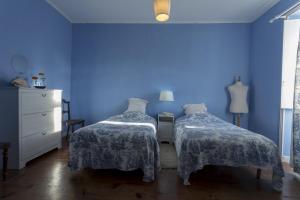 two beds in a room with blue walls at Family House Garden in Ponta Delgada