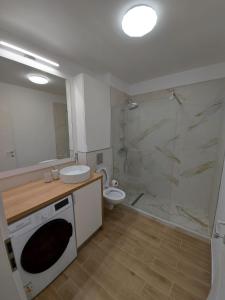 Un baño con inodoro, lavabo y ducha. en New Transilvania, en Cluj-Napoca