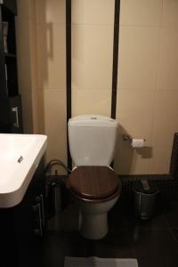 La salle de bains est pourvue de toilettes et d'un lavabo. dans l'établissement Modern Loft in the city center of Levadia, Greece, à Lébadée